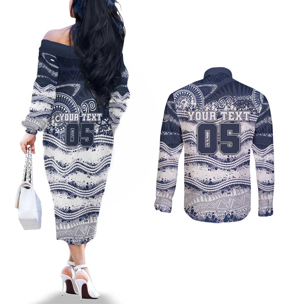 Custom Geelong Navy Couples Matching Off The Shoulder Long Sleeve Dress and Long Sleeve Button Shirt Playful Cat Kicking Ball