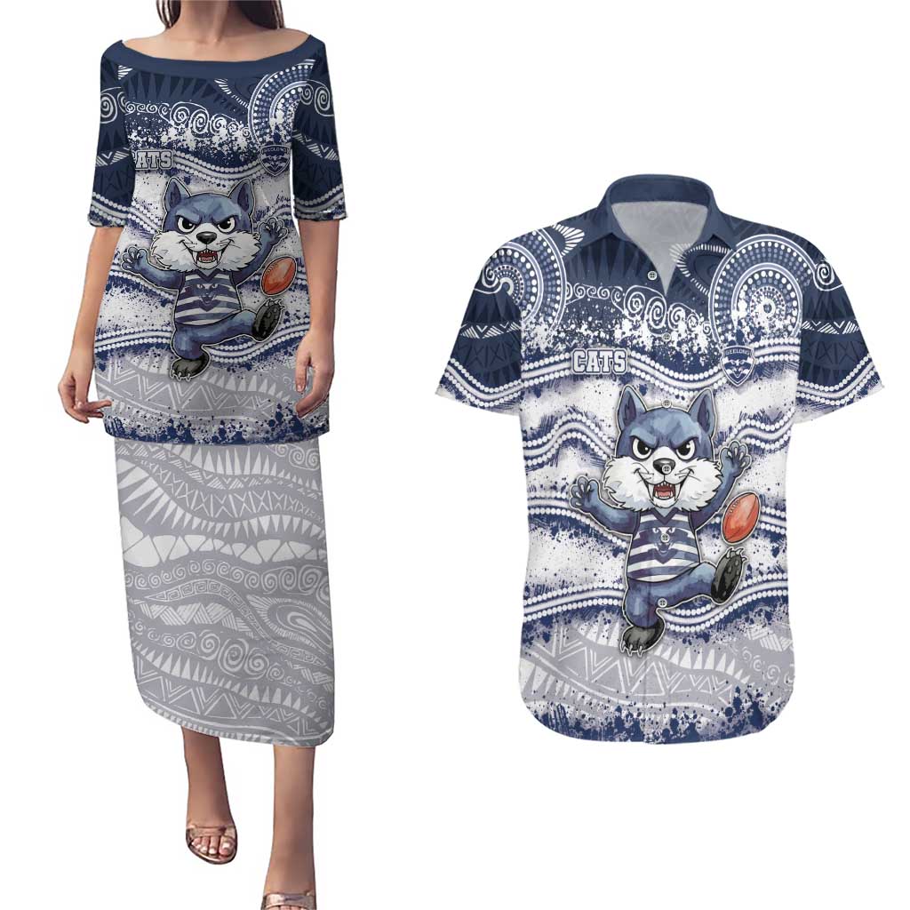 Custom Geelong Navy Couples Matching Puletasi and Hawaiian Shirt Playful Cat Kicking Ball
