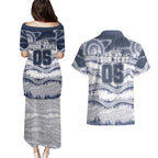 Custom Geelong Navy Couples Matching Puletasi and Hawaiian Shirt Playful Cat Kicking Ball