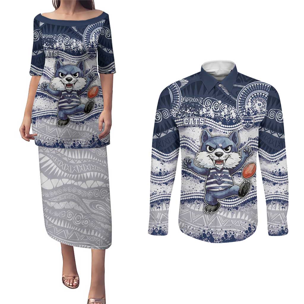 Custom Geelong Navy Couples Matching Puletasi and Long Sleeve Button Shirt Playful Cat Kicking Ball
