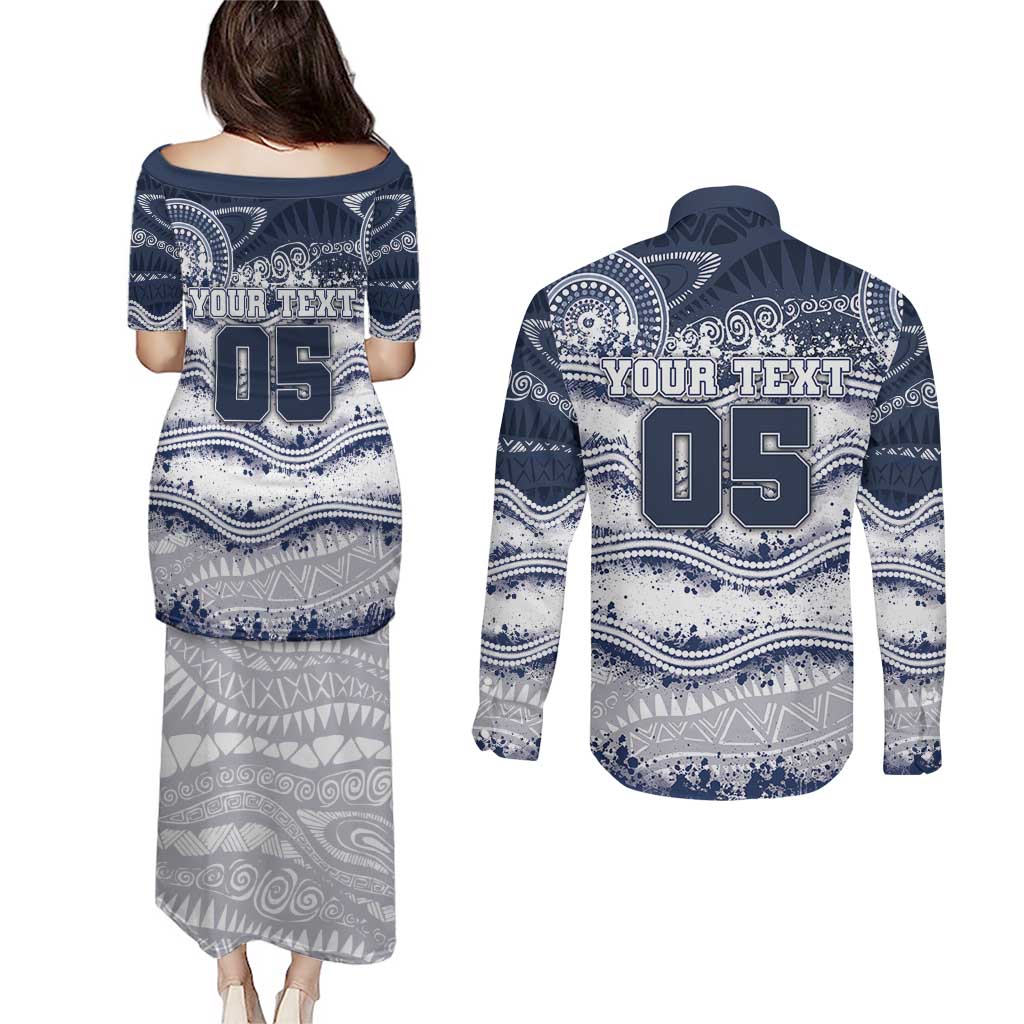 Custom Geelong Navy Couples Matching Puletasi and Long Sleeve Button Shirt Playful Cat Kicking Ball
