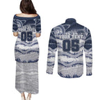 Custom Geelong Navy Couples Matching Puletasi and Long Sleeve Button Shirt Playful Cat Kicking Ball