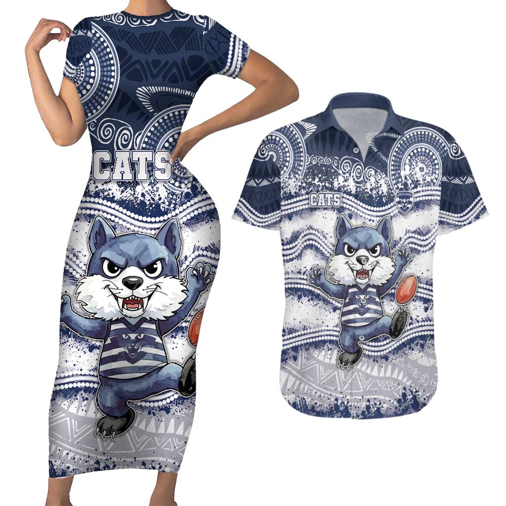Custom Geelong Navy Couples Matching Short Sleeve Bodycon Dress and Hawaiian Shirt Playful Cat Kicking Ball