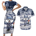 Custom Geelong Navy Couples Matching Short Sleeve Bodycon Dress and Hawaiian Shirt Playful Cat Kicking Ball