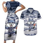 Custom Geelong Navy Couples Matching Short Sleeve Bodycon Dress and Hawaiian Shirt Playful Cat Kicking Ball