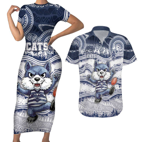Custom Geelong Navy Couples Matching Short Sleeve Bodycon Dress and Hawaiian Shirt Playful Cat Kicking Ball