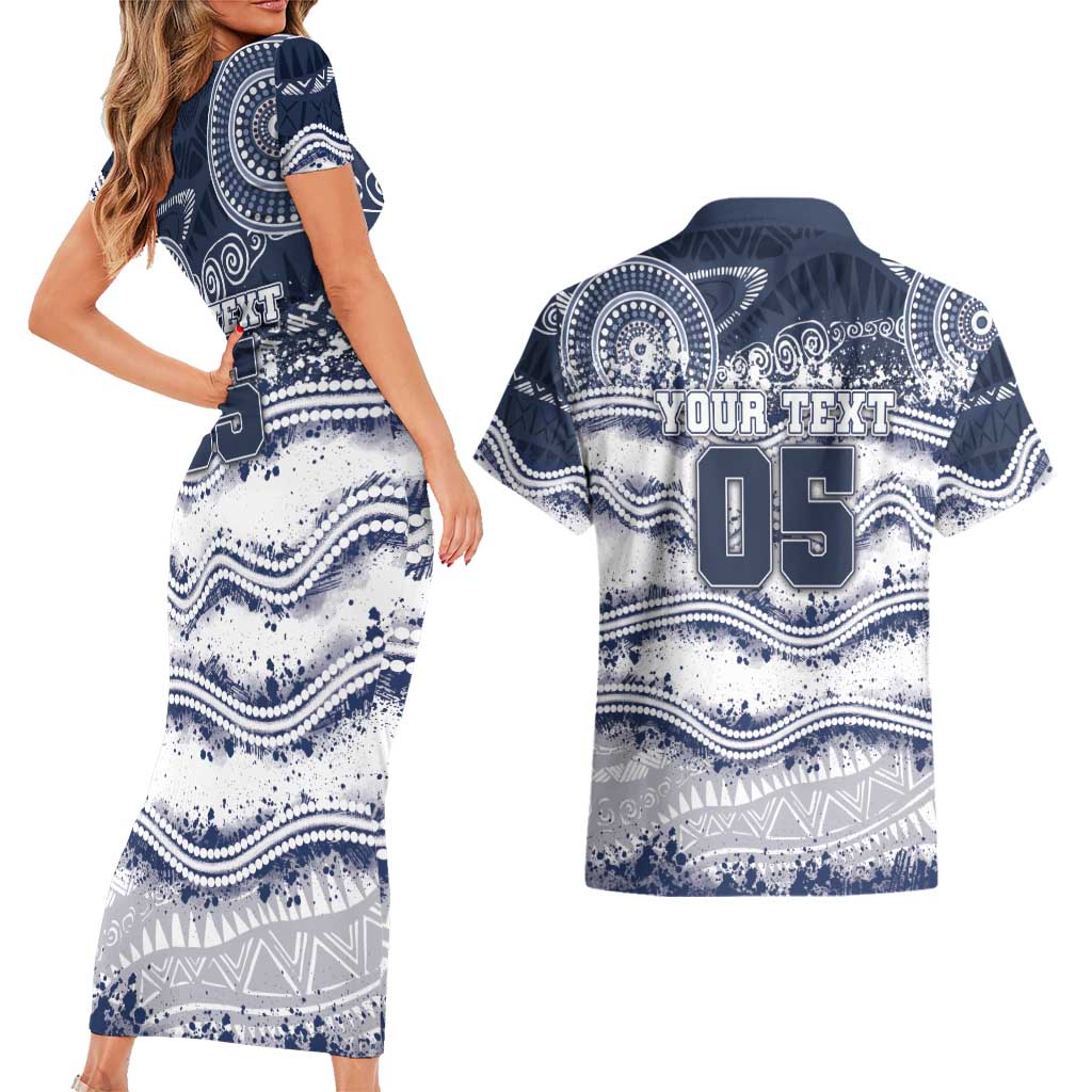 Custom Geelong Navy Couples Matching Short Sleeve Bodycon Dress and Hawaiian Shirt Playful Cat Kicking Ball