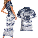 Custom Geelong Navy Couples Matching Short Sleeve Bodycon Dress and Hawaiian Shirt Playful Cat Kicking Ball