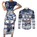 Custom Geelong Navy Couples Matching Short Sleeve Bodycon Dress and Long Sleeve Button Shirt Playful Cat Kicking Ball