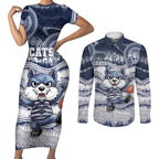 Custom Geelong Navy Couples Matching Short Sleeve Bodycon Dress and Long Sleeve Button Shirt Playful Cat Kicking Ball