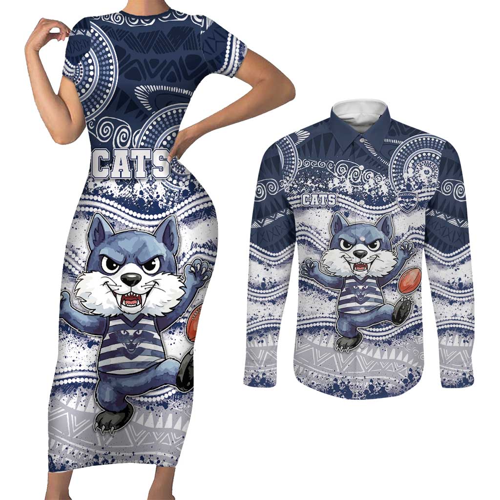 Custom Geelong Navy Couples Matching Short Sleeve Bodycon Dress and Long Sleeve Button Shirt Playful Cat Kicking Ball