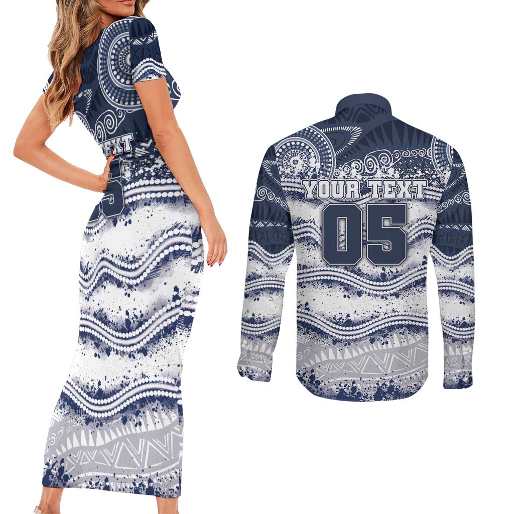 Custom Geelong Navy Couples Matching Short Sleeve Bodycon Dress and Long Sleeve Button Shirt Playful Cat Kicking Ball