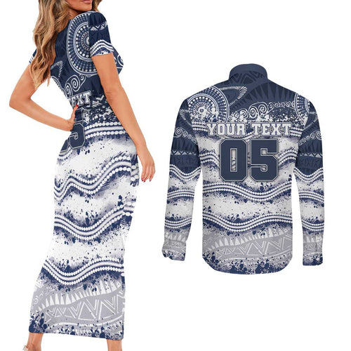 Custom Geelong Navy Couples Matching Short Sleeve Bodycon Dress and Long Sleeve Button Shirt Playful Cat Kicking Ball