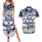 Custom Geelong Navy Couples Matching Summer Maxi Dress and Hawaiian Shirt Playful Cat Kicking Ball