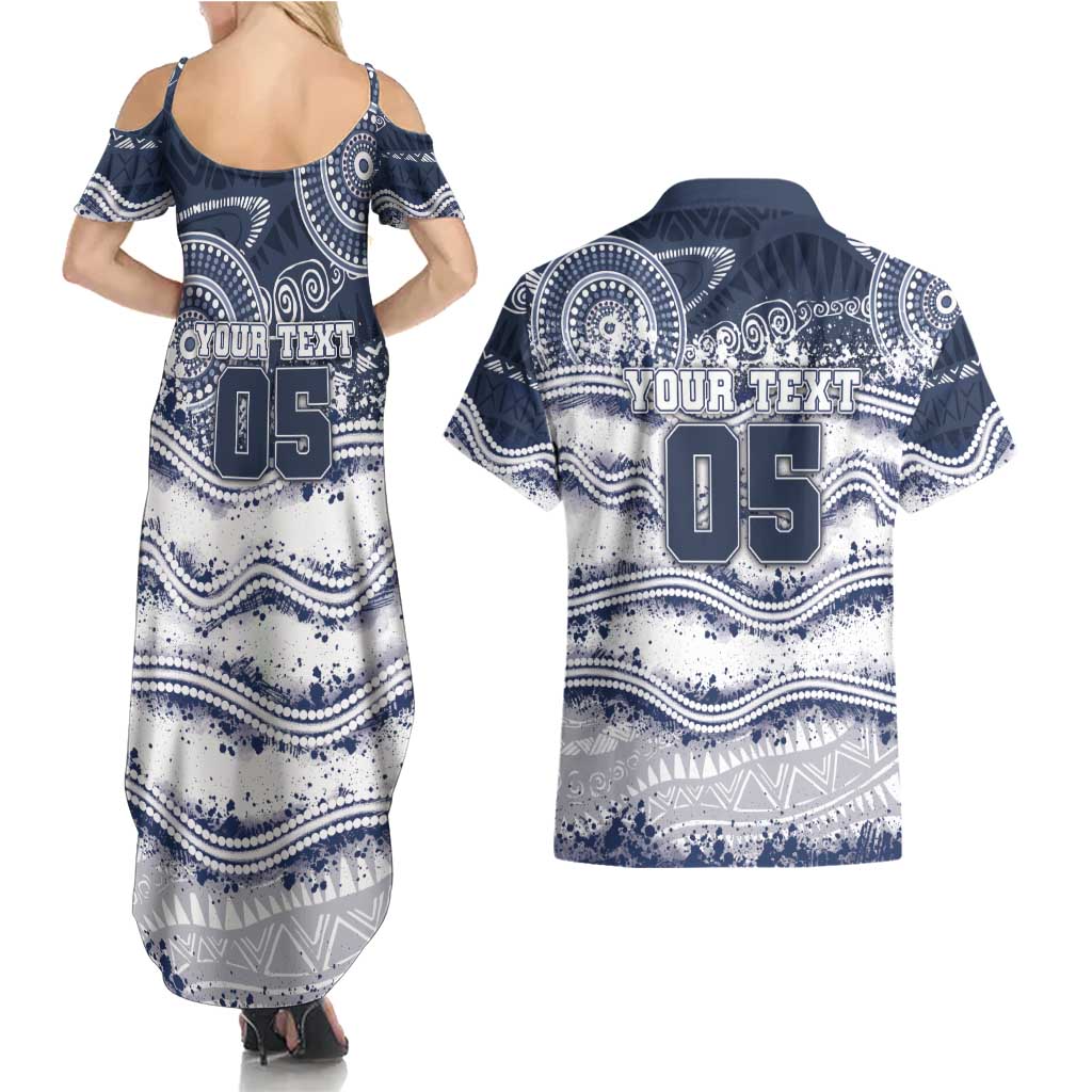Custom Geelong Navy Couples Matching Summer Maxi Dress and Hawaiian Shirt Playful Cat Kicking Ball