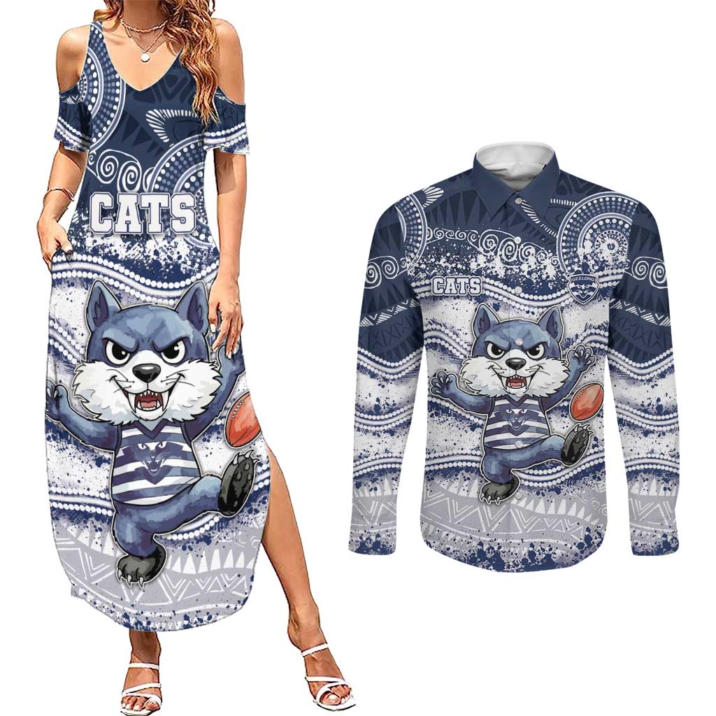 Custom Geelong Navy Couples Matching Summer Maxi Dress and Long Sleeve Button Shirt Playful Cat Kicking Ball