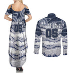 Custom Geelong Navy Couples Matching Summer Maxi Dress and Long Sleeve Button Shirt Playful Cat Kicking Ball