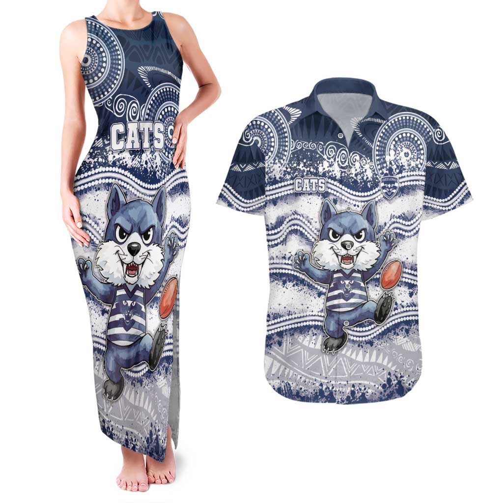 Custom Geelong Navy Couples Matching Tank Maxi Dress and Hawaiian Shirt Playful Cat Kicking Ball