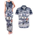 Custom Geelong Navy Couples Matching Tank Maxi Dress and Hawaiian Shirt Playful Cat Kicking Ball