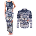 Custom Geelong Navy Couples Matching Tank Maxi Dress and Long Sleeve Button Shirt Playful Cat Kicking Ball