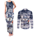 Custom Geelong Navy Couples Matching Tank Maxi Dress and Long Sleeve Button Shirt Playful Cat Kicking Ball