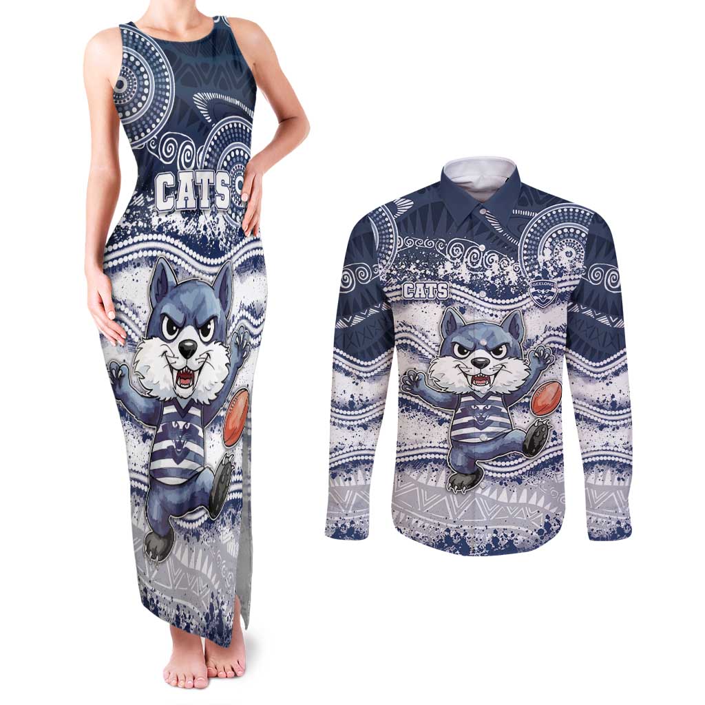 Custom Geelong Navy Couples Matching Tank Maxi Dress and Long Sleeve Button Shirt Playful Cat Kicking Ball