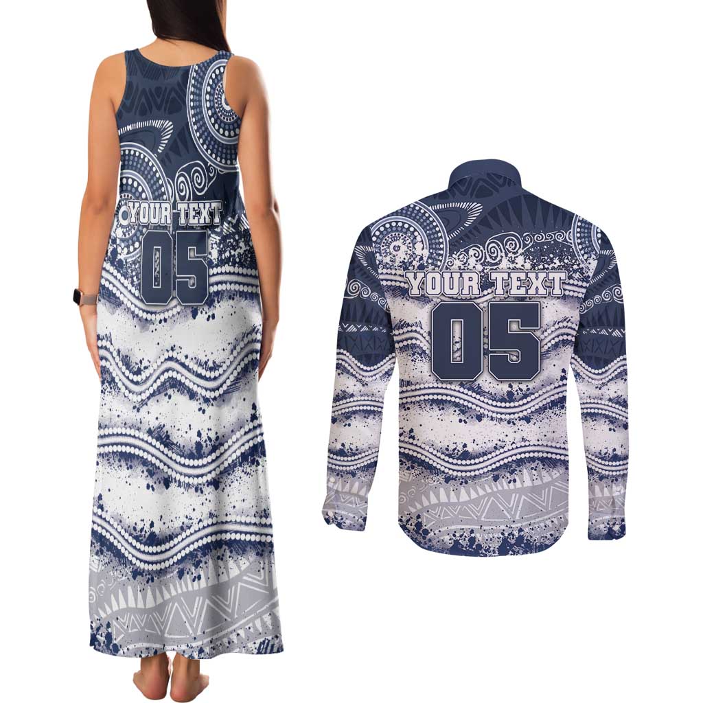 Custom Geelong Navy Couples Matching Tank Maxi Dress and Long Sleeve Button Shirt Playful Cat Kicking Ball