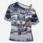 Custom Geelong Navy Cross Shoulder Shirt Playful Cat Kicking Ball