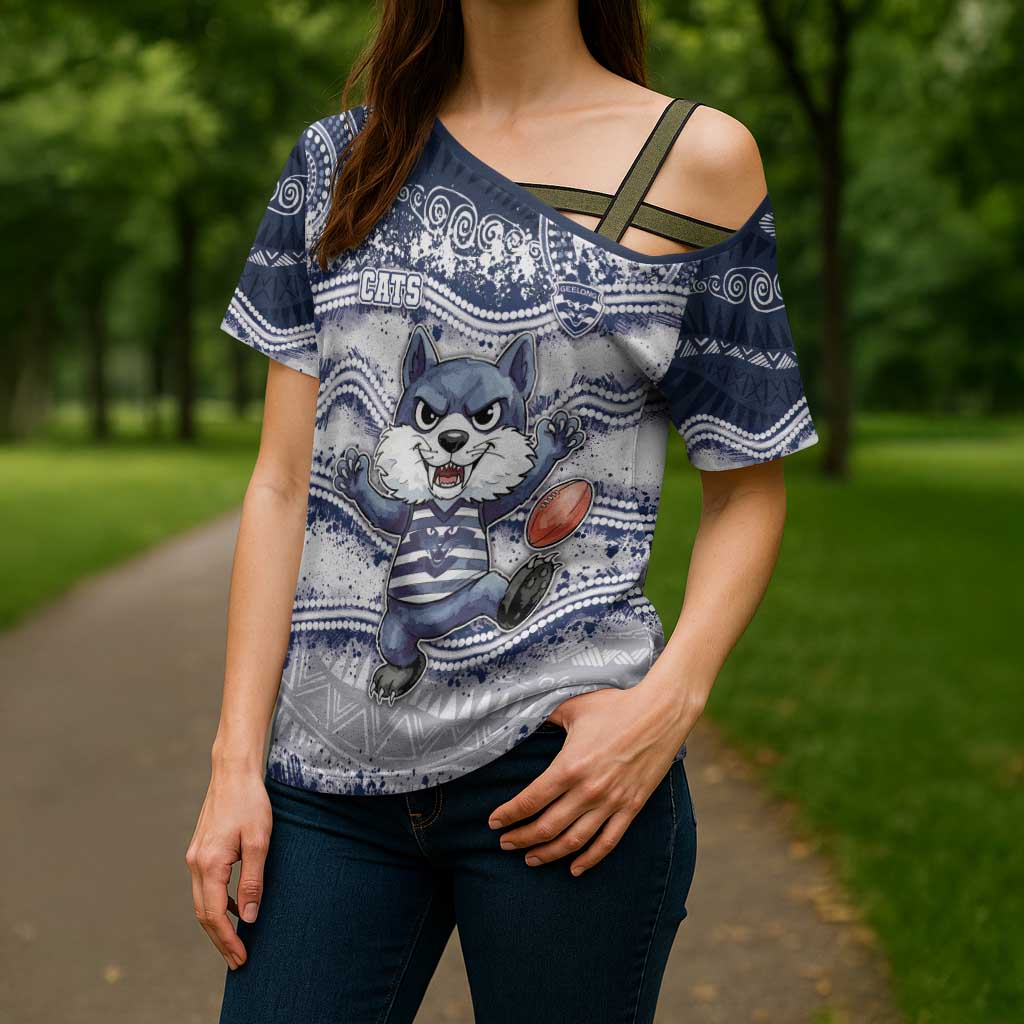 Custom Geelong Navy Cross Shoulder Shirt Playful Cat Kicking Ball