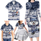 Custom Geelong Navy Family Matching Long Sleeve Bodycon Dress and Hawaiian Shirt Playful Cat Kicking Ball