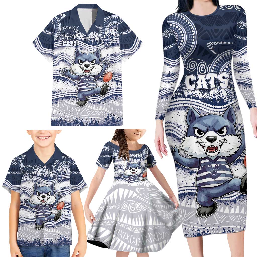 Custom Geelong Navy Family Matching Long Sleeve Bodycon Dress and Hawaiian Shirt Playful Cat Kicking Ball