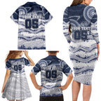 Custom Geelong Navy Family Matching Long Sleeve Bodycon Dress and Hawaiian Shirt Playful Cat Kicking Ball