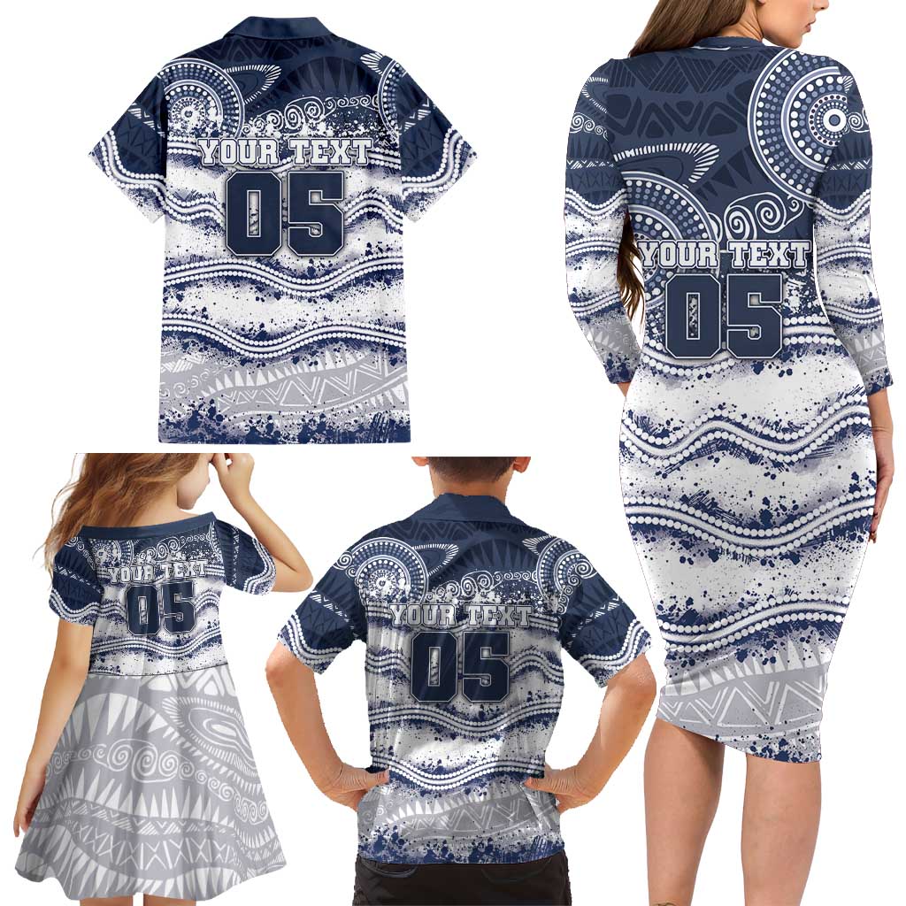 Custom Geelong Navy Family Matching Long Sleeve Bodycon Dress and Hawaiian Shirt Playful Cat Kicking Ball