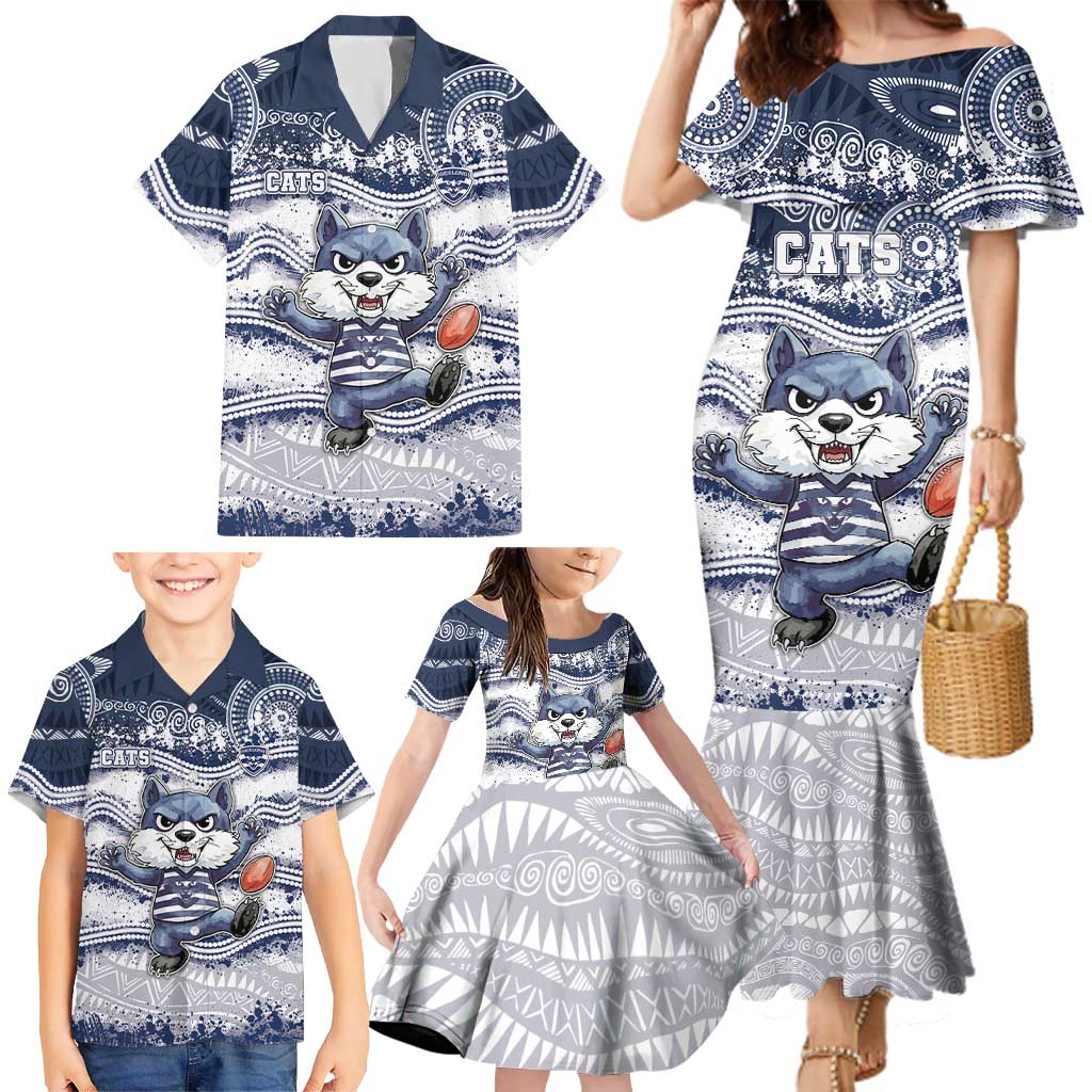 Custom Geelong Navy Family Matching Mermaid Dress and Hawaiian Shirt Playful Cat Kicking Ball