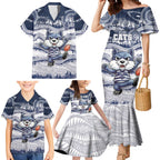 Custom Geelong Navy Family Matching Mermaid Dress and Hawaiian Shirt Playful Cat Kicking Ball