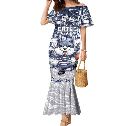Custom Geelong Navy Family Matching Mermaid Dress and Hawaiian Shirt Playful Cat Kicking Ball