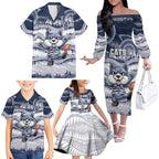 Custom Geelong Navy Family Matching Off The Shoulder Long Sleeve Dress and Hawaiian Shirt Playful Cat Kicking Ball