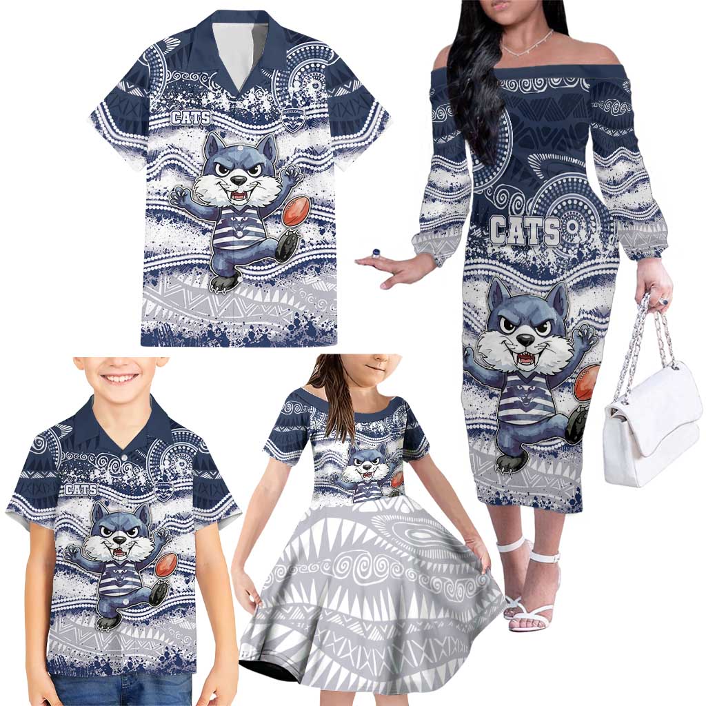 Custom Geelong Navy Family Matching Off The Shoulder Long Sleeve Dress and Hawaiian Shirt Playful Cat Kicking Ball