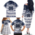 Custom Geelong Navy Family Matching Off The Shoulder Long Sleeve Dress and Hawaiian Shirt Playful Cat Kicking Ball