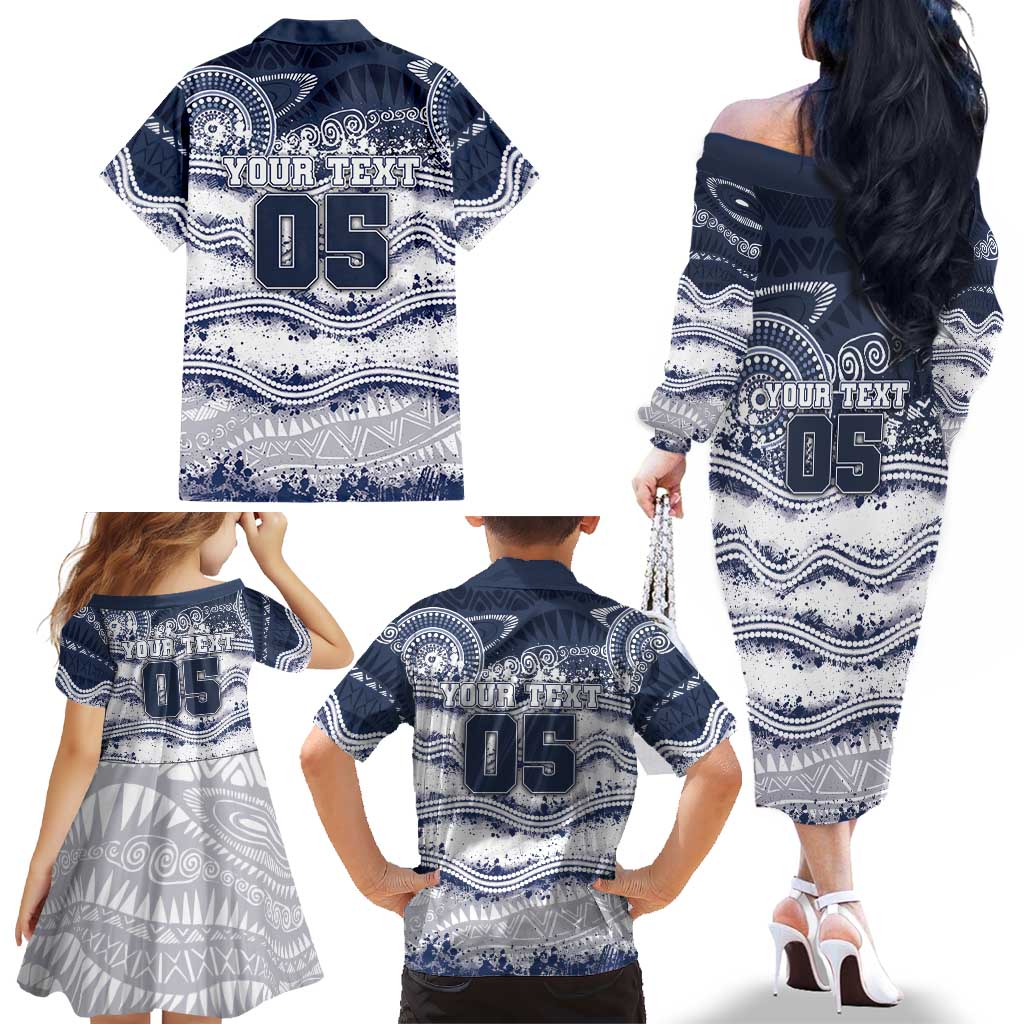 Custom Geelong Navy Family Matching Off The Shoulder Long Sleeve Dress and Hawaiian Shirt Playful Cat Kicking Ball