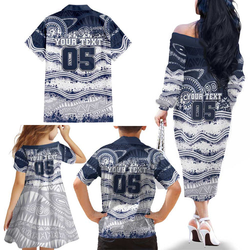 Custom Geelong Navy Family Matching Off The Shoulder Long Sleeve Dress and Hawaiian Shirt Playful Cat Kicking Ball