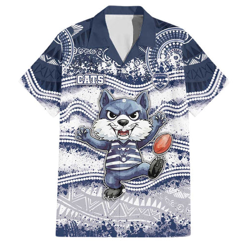 Custom Geelong Navy Family Matching Off The Shoulder Long Sleeve Dress and Hawaiian Shirt Playful Cat Kicking Ball