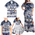 Custom Geelong Navy Family Matching Off Shoulder Maxi Dress and Hawaiian Shirt Playful Cat Kicking Ball