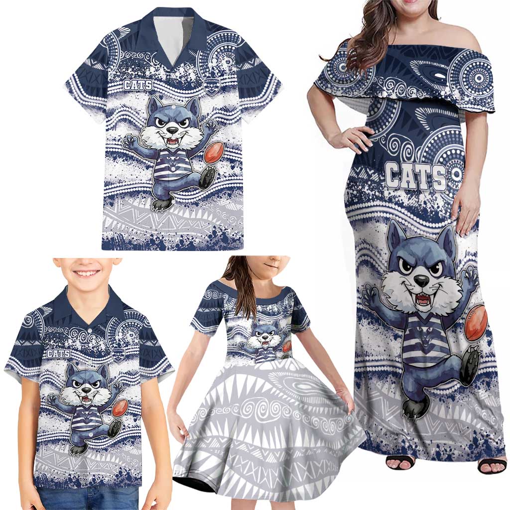 Custom Geelong Navy Family Matching Off Shoulder Maxi Dress and Hawaiian Shirt Playful Cat Kicking Ball
