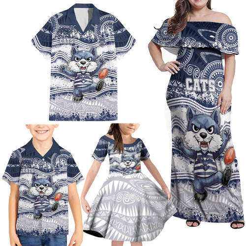 Custom Geelong Navy Family Matching Off Shoulder Maxi Dress and Hawaiian Shirt Playful Cat Kicking Ball