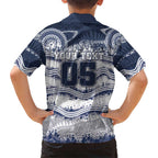 Custom Geelong Navy Family Matching Off Shoulder Maxi Dress and Hawaiian Shirt Playful Cat Kicking Ball