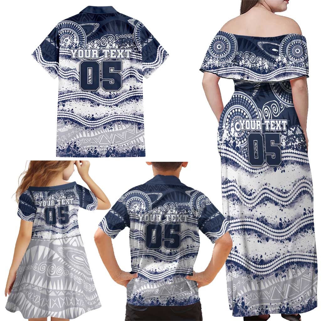 Custom Geelong Navy Family Matching Off Shoulder Maxi Dress and Hawaiian Shirt Playful Cat Kicking Ball