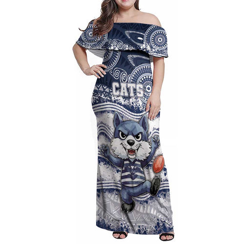 Custom Geelong Navy Family Matching Off Shoulder Maxi Dress and Hawaiian Shirt Playful Cat Kicking Ball