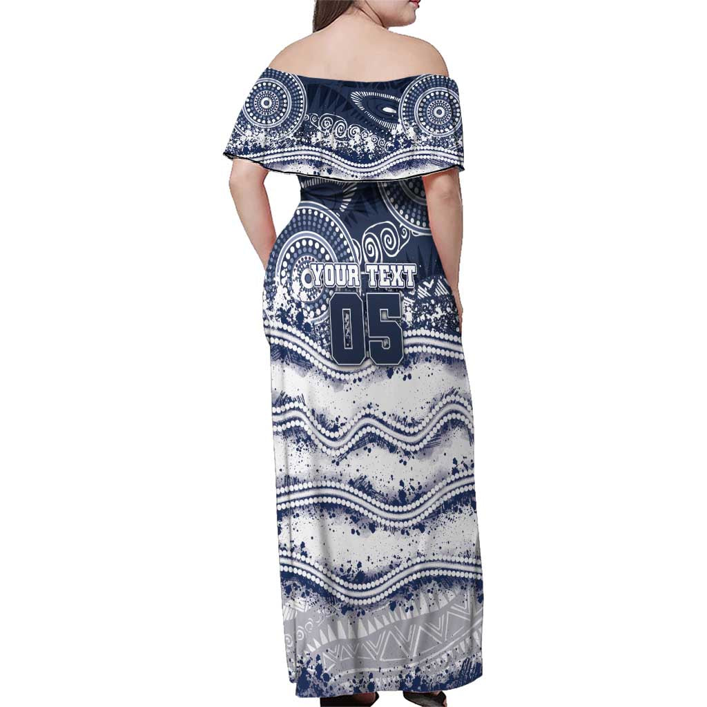 Custom Geelong Navy Family Matching Off Shoulder Maxi Dress and Hawaiian Shirt Playful Cat Kicking Ball