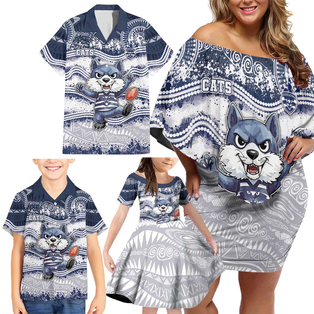 Custom Geelong Navy Family Matching Off Shoulder Short Dress and Hawaiian Shirt Playful Cat Kicking Ball